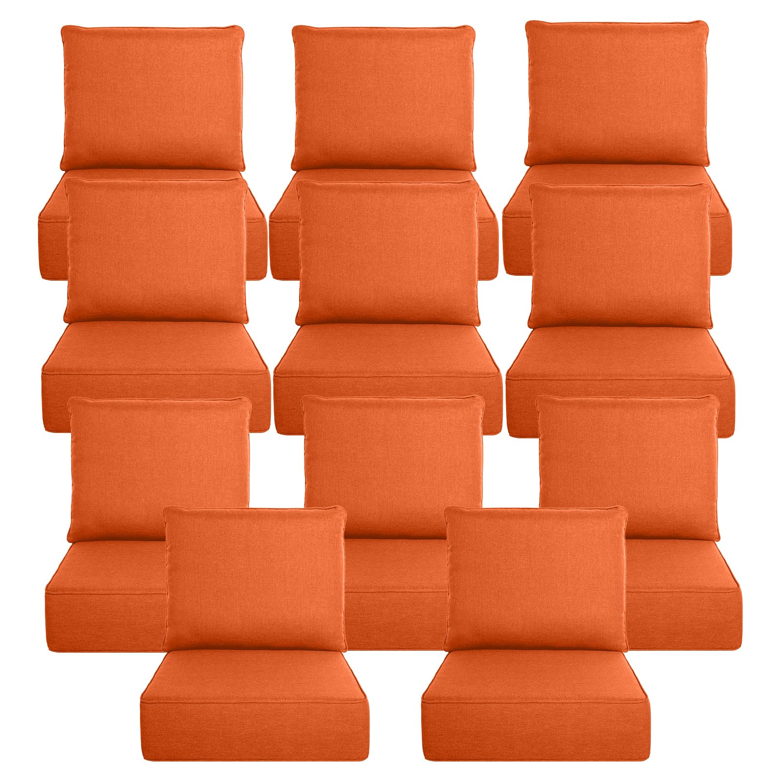 Luxury 6" Thick Outdoor Cushion Set 11 - 24x24 Patio Furniture Cushions with 28D High-Density Foam, Water-Resistant &amp; Fade-Resistant Fabric, Removable Covers for Patio Furniture Sofa Couch -Orange