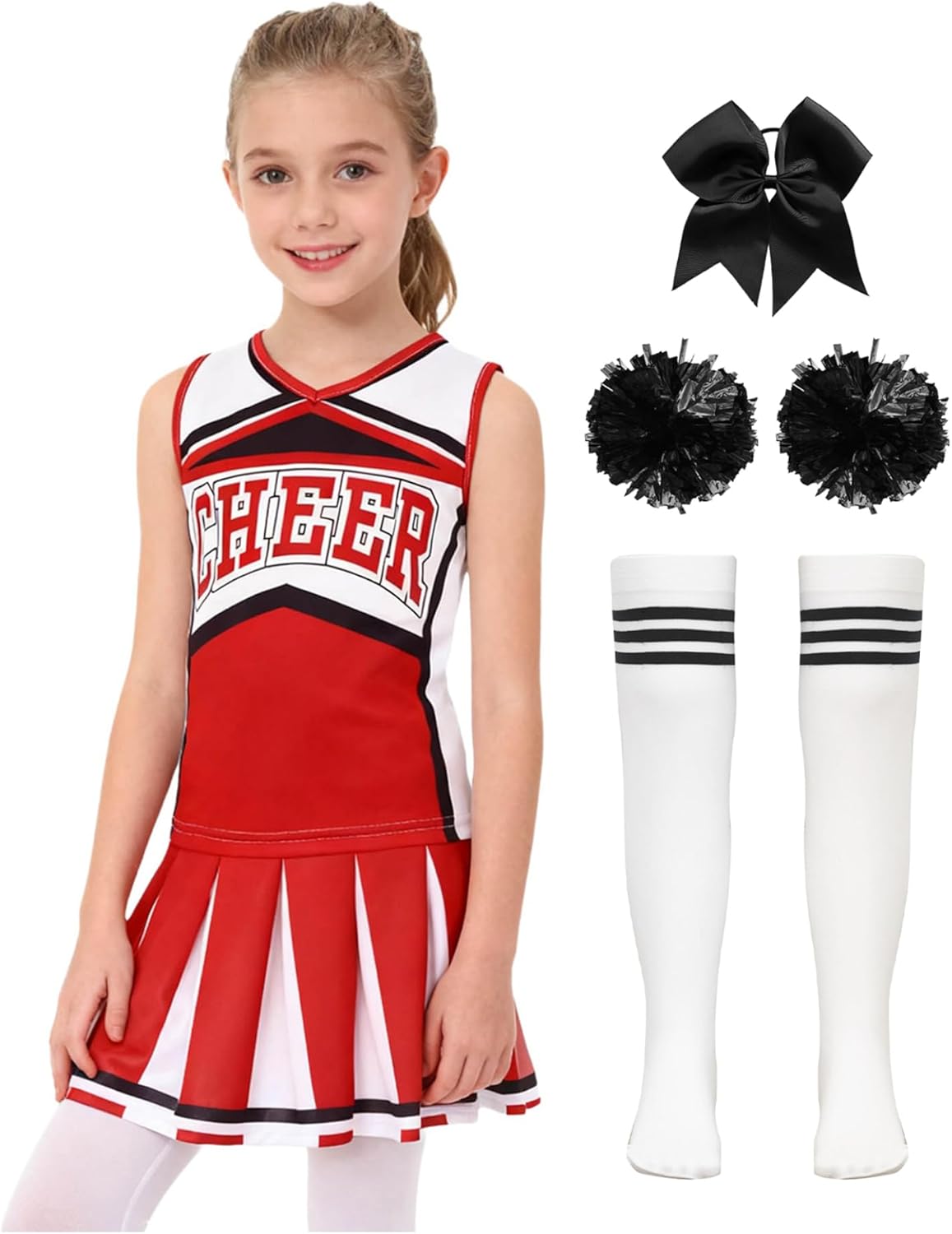 Kids Girls Cheer Performance Wear Cheerleading Letter Printed Sleeveless Top Skirts with Accessories Red Black 7-8 Years