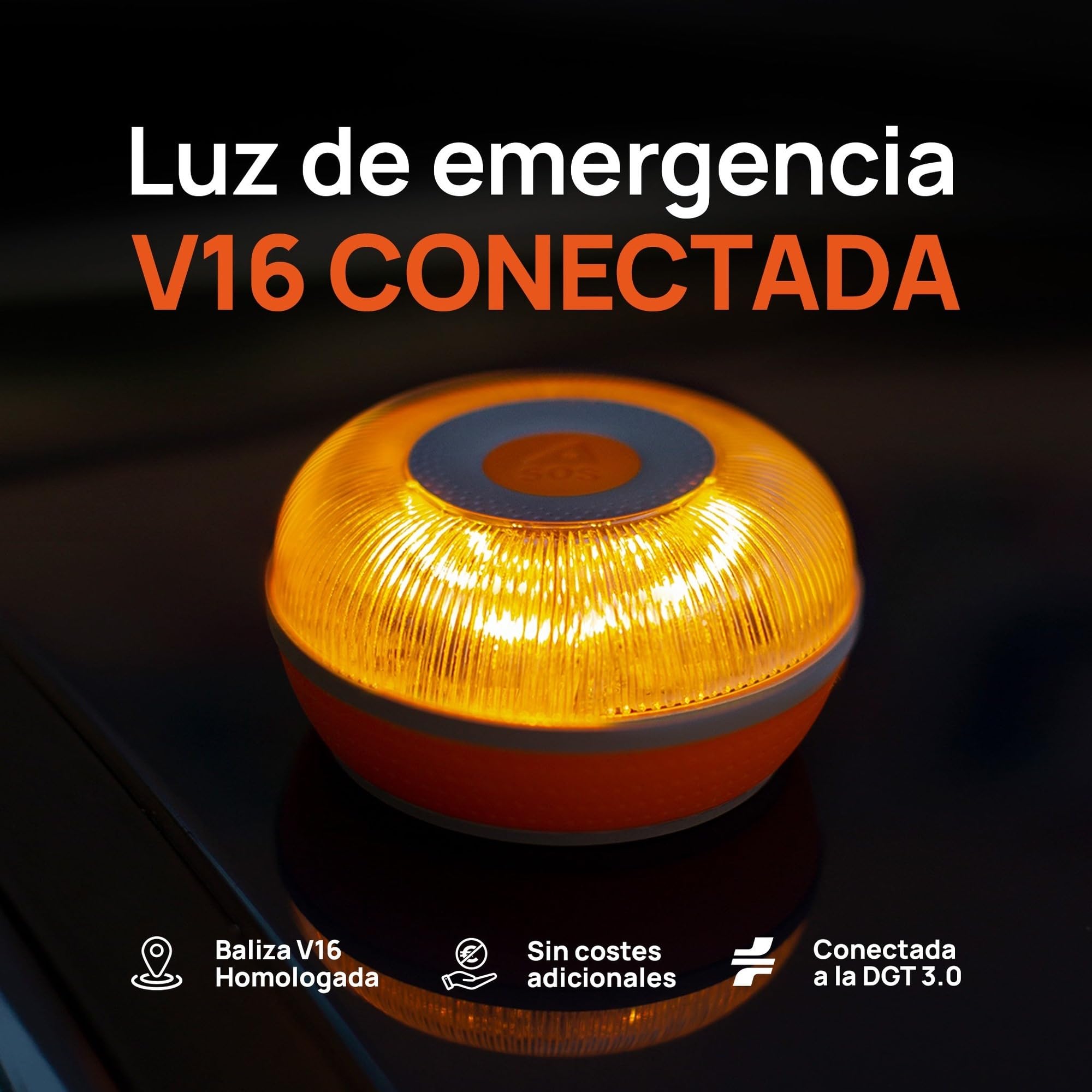 FlashLED SOS Luz de Emergencia para coche homologada, Baliza V16 Conectada Obligatoria DGT 2026, SIM y servicio hasta 2038, Cobertura profunda y Geolocalización
