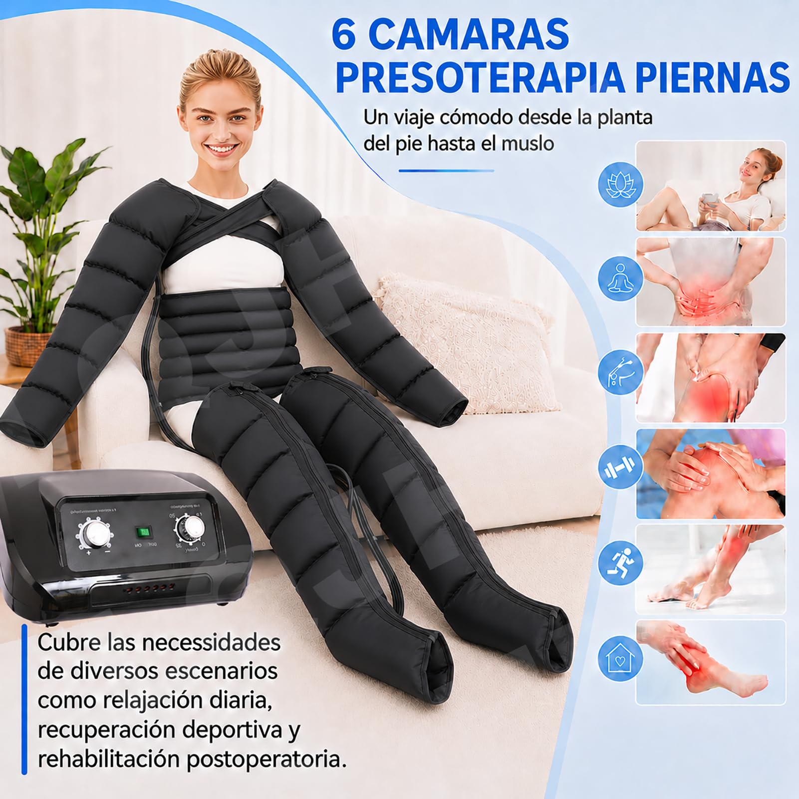 Presoterapia para Casa Abdomen y Piernas, Maquina Botas Aparato Presoterapia Profesional Pierna, 6 camaras Masajeador Circulación (Negro Piernas+Abdomen+Brazos, L+10CM Banda Ancha)