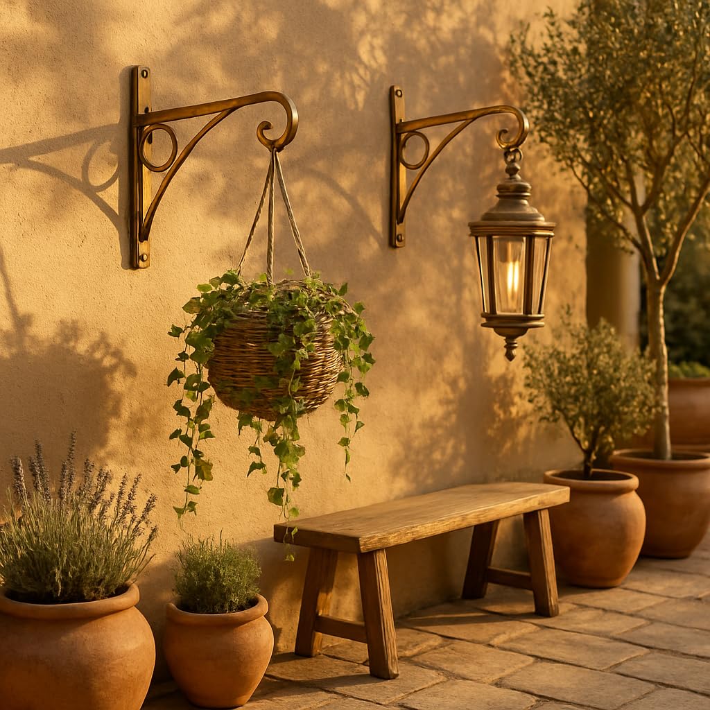 Iron Wall Hanging Bracket with Antique Brass Finish | Set of 2 | Decorative Hook Stand for Indoor & Outdoor Use | Ideal for Flower Pots, Lanterns, Wind Chimes, Etc (Brackets Only)-image-6