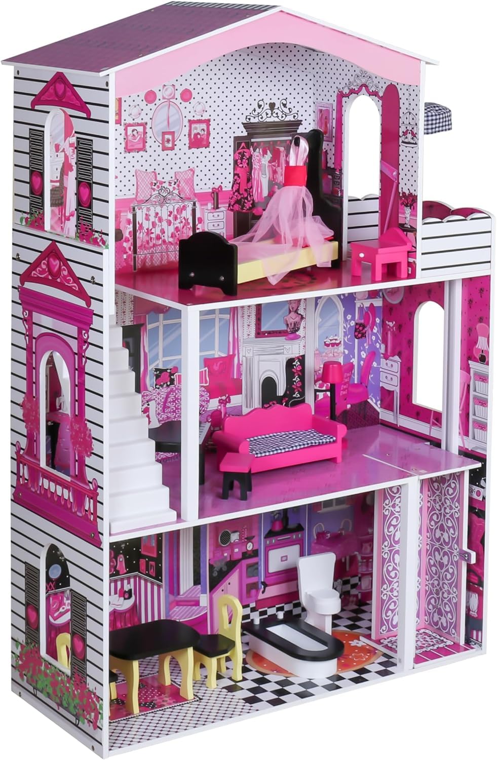 BLUEBRIT Large Wooden Play Doll House With Accessories & Furniture - Elevator, Design Your Own Home, Easy Assembly - Perfect Christmas or Birthday Gift for Girls (Design 1)