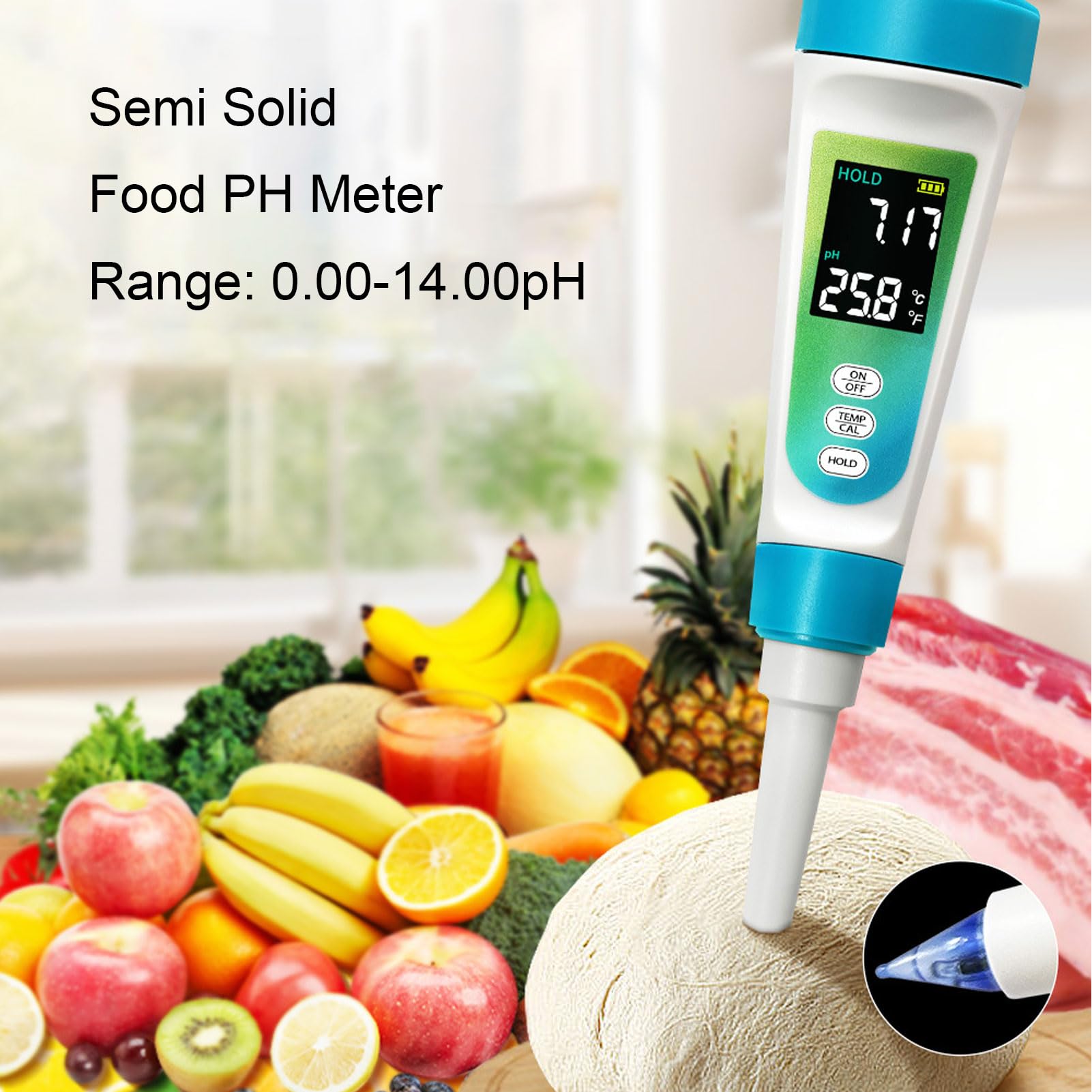 Rengue Pluma Medidora de PH, Compensación Automática de Temperatura Probador de PH Rango de de 0,00 a 14,00 con Función de Retención LCD y Kit de Calibración para Fermentación de Alimentos Prueba de