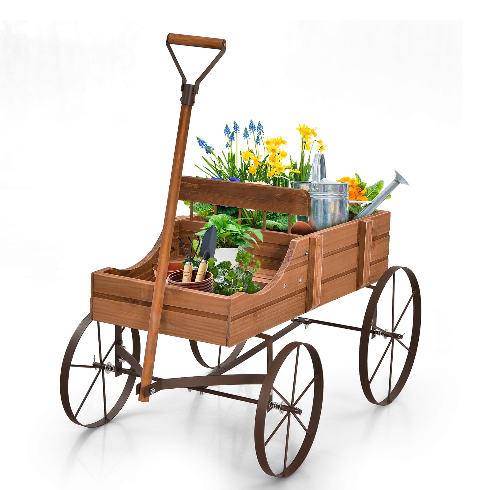 HOMASIS Jardinera Carrito de Madera para Plantas, Carretilla con Ruedas de Metal y 2 Compartimentos, Maceta en Forma de Monociclo Decorativo para jardín, terraza, Patio, 63x35x62,5cm (Marrón)