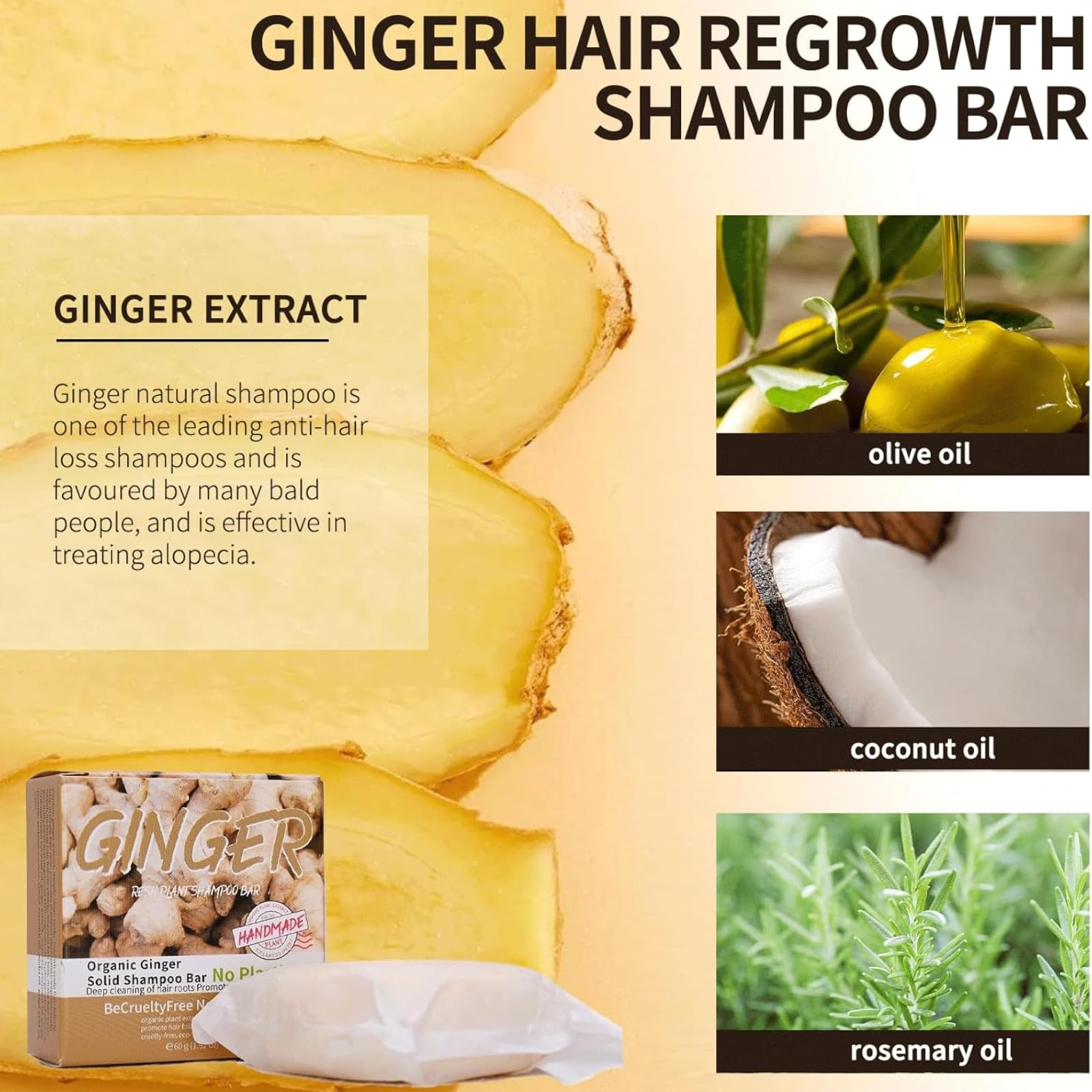 3PCS Ginger Hair Regrowth Shampoo Bar, Organic Ginger Shampoo Bar for Hair Loss Anti-Dandruff & Anti-Itch Solid Shampoo - Image 2