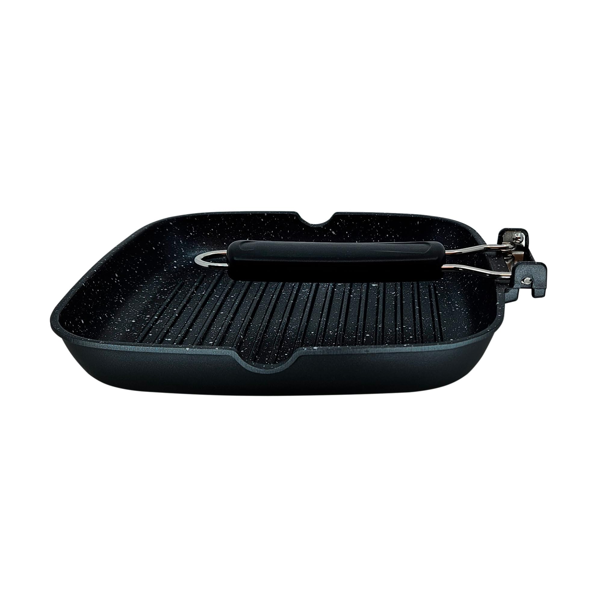 Briebe Black Titanium Grill à rayures, induction, antiadhésif titane, poêle à frire en fonte d'aluminium sans PFOA, manche pliable, vitrocéramique, gaz, 20 x 20 cm