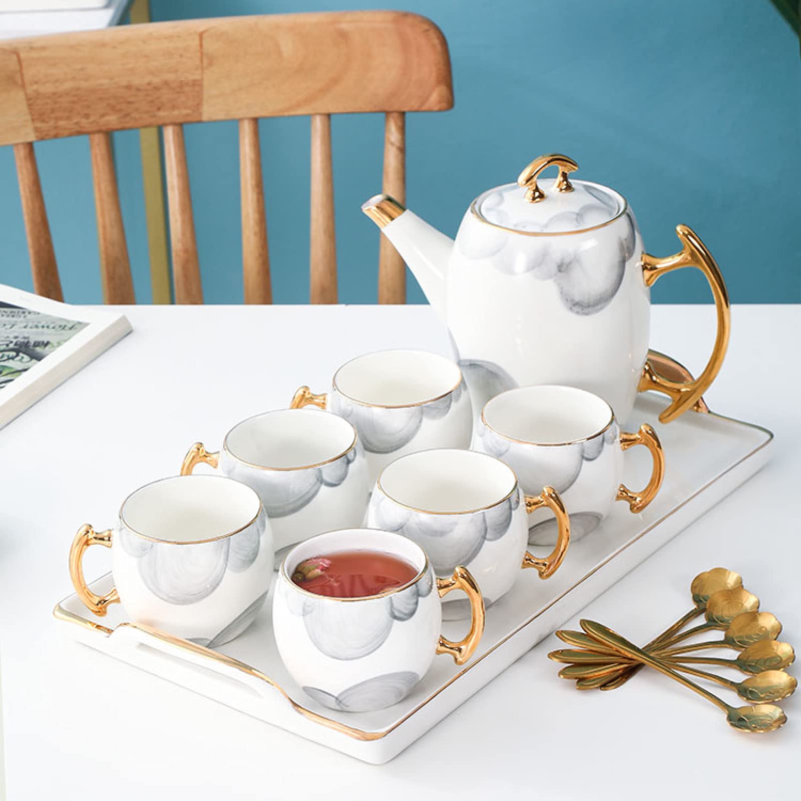 zestaw do herbaty, Zestawy do podwieczorku Zestaw herbaty dla dorosłych z czajniczkiem filiżanek kawy białej porcelany łyżkami, taca serwowania