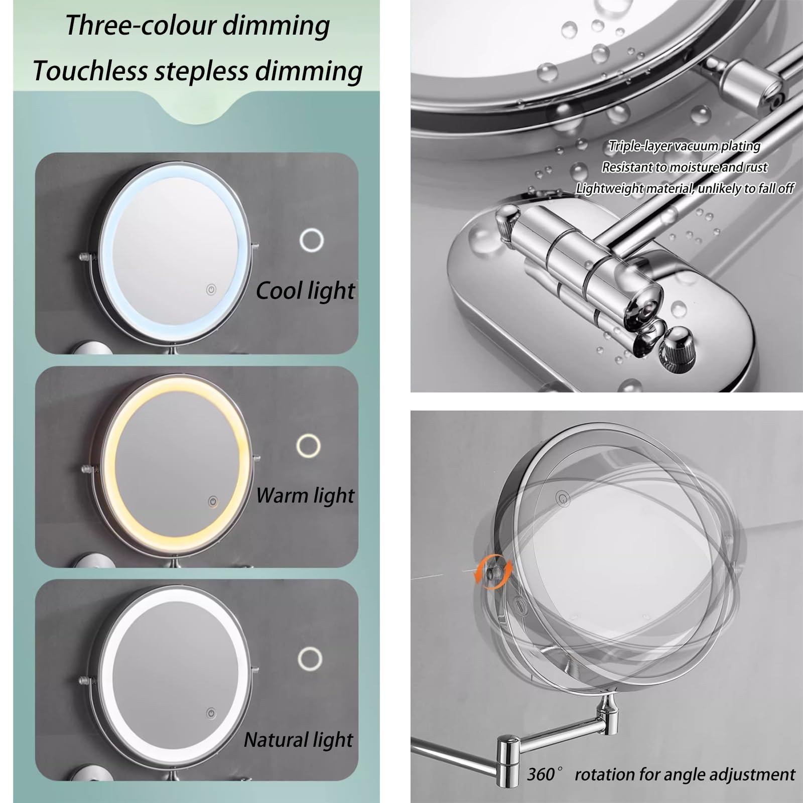 Braccio Pieghevole Estensione，specchio Da Trucco Da 1/5x, Montaggio A Parete, Specchio Da Barba Double Face, Specchio Ingranditore Per Bagno, Spa E Hotel.(Gold)
