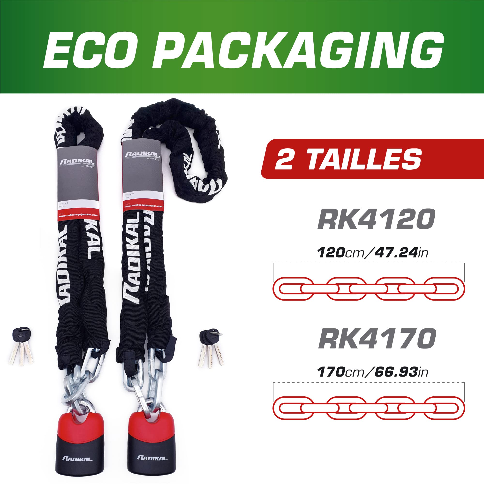 RADIKAL RK4170 Antivol Moto, Chaîne Haute Sécurité en Acier Cémenté ø10mm, Cademas Double Verroullage, Polyvalent pour Portes Ancrage Garage Scooter Vélo Électrique,170cm