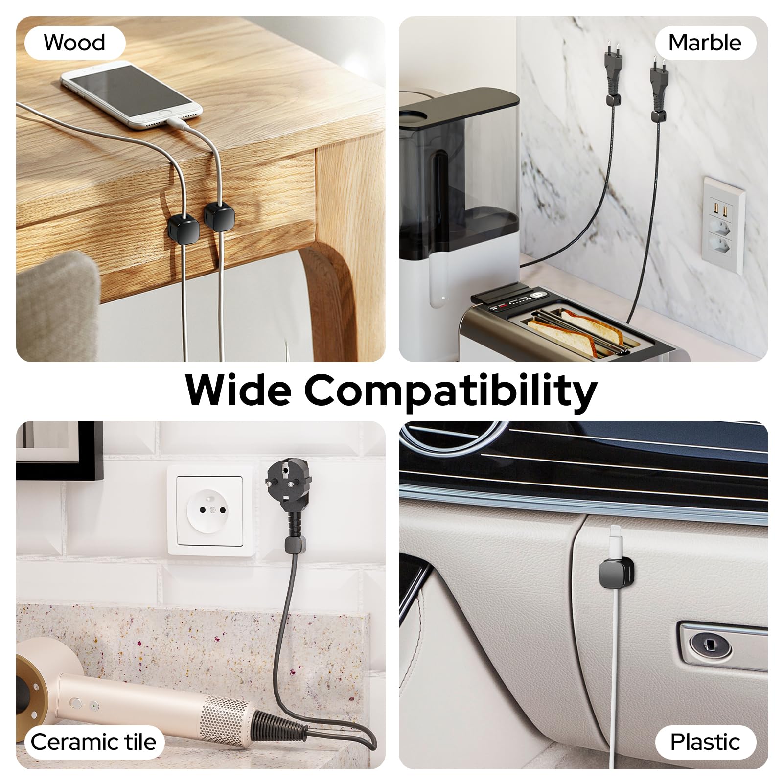 Euqvunn Cable Clips, 8 Pack Magnetyczne Uchwyty na Kable, Gładkie Regulowane Kable, Samoprzylepne Uchwyty na Kable Ładowarki, Uchwyt na Kable do Telefonu USB na Biurko, Stolik Nocny, Samochód(Czarny)