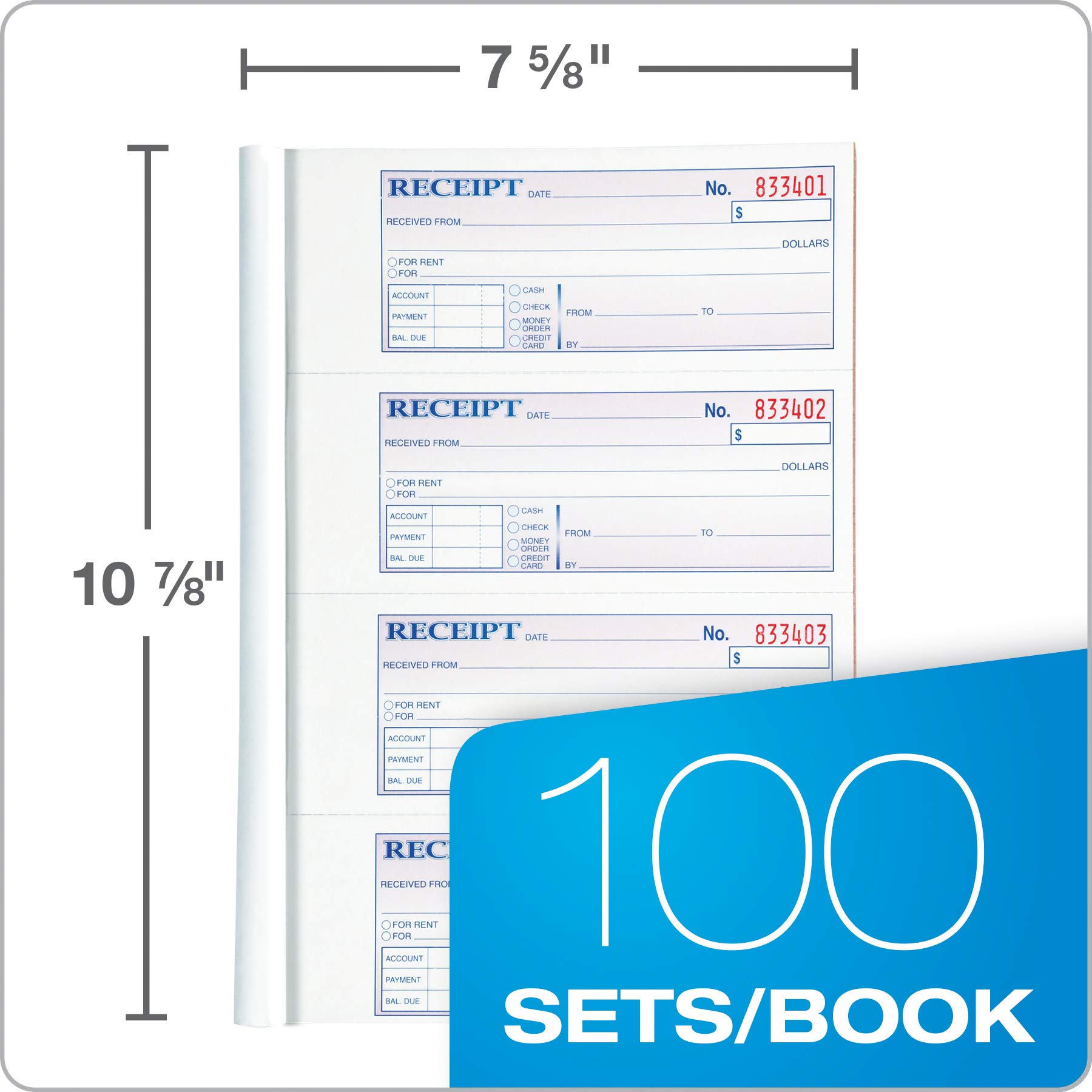 Adams Quittungsbücher für Geld und Miete, 3-teilig, kohlenstofffrei, 20,3 x 20,3 cm, gebundener Umschlag, 100 Sets pro Buch, 4 Quittungen pro Seite, 5 Bücher pro Packung (TC1182-5)