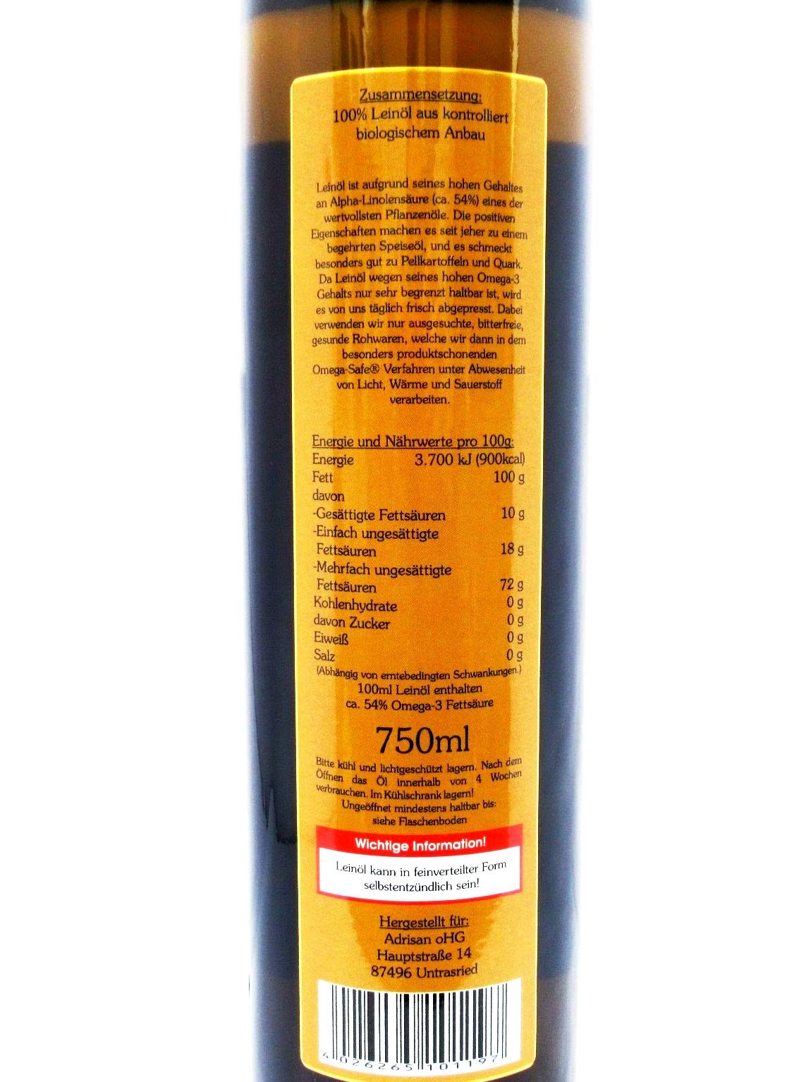 Bio-Leinöl frisch mild 2x 750ml in Braunglasflasche, Omega-Safe-Verfahren natives Speiseöl aus 1. Kaltpressung