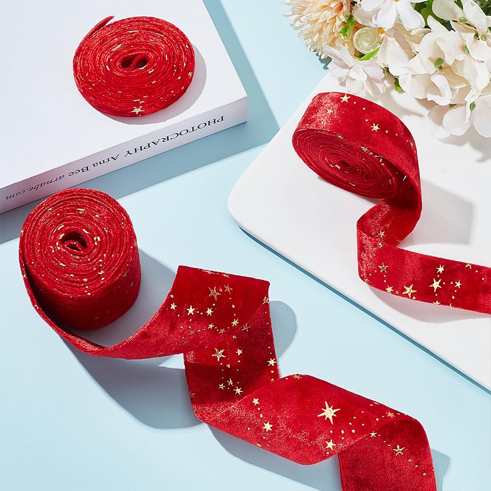Nastro in velluto double face con motivo a stelle, 6 m, 1 cm, 2,5 cm, 5 cm, rosso con bordi in raso, rotolo di nastro piatto per confezioni regalo, decorazioni per feste e matrimoni