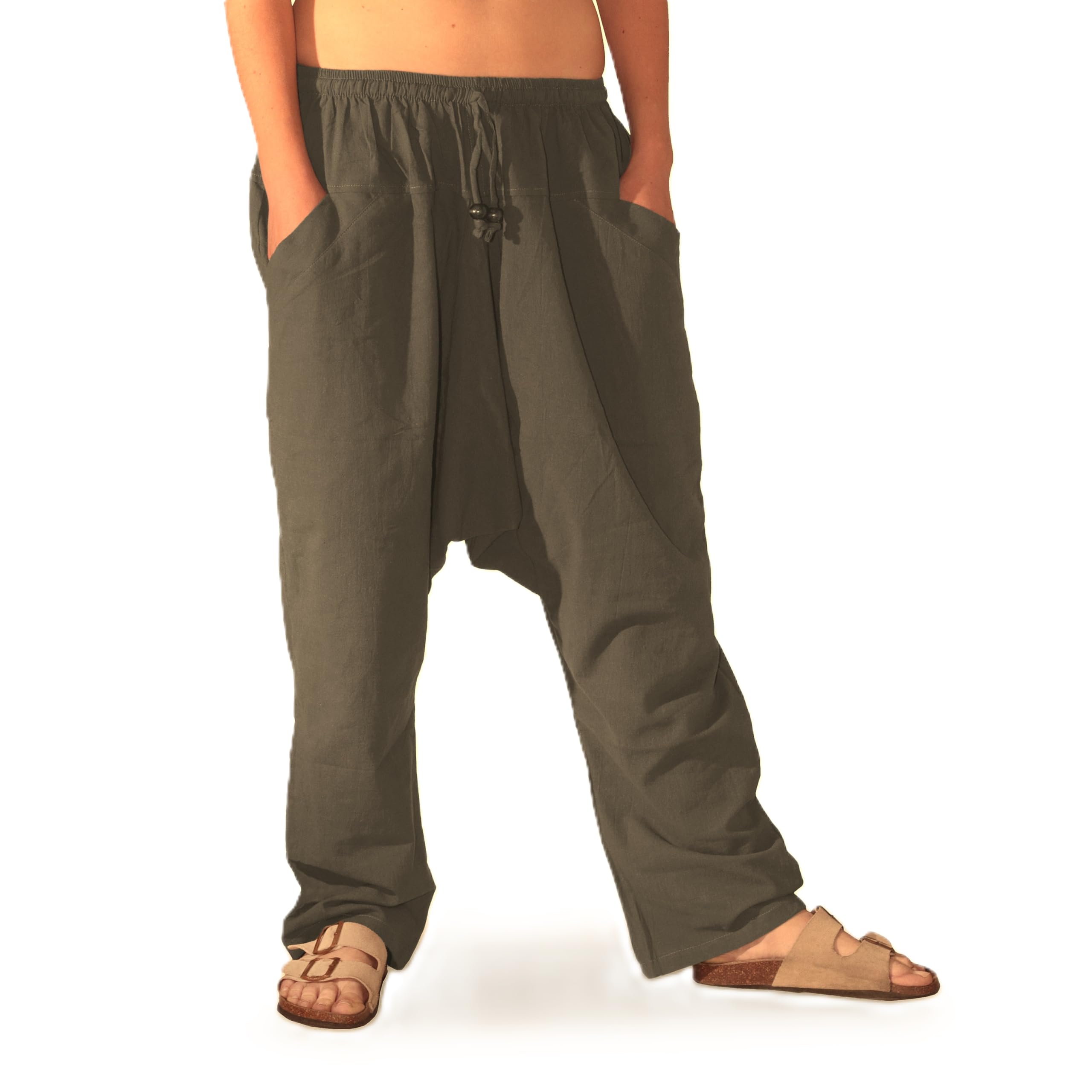SAVARI - Pantaloni Harem tailandesi, Pantaloni Bombache Uomo Donna con Tasche Senza Polsini 100% Cotone. Vita elastica e lacci taglia unica Ideale Taichi, Premama, Yoga. Nero, Vino, Cammello, Grigio