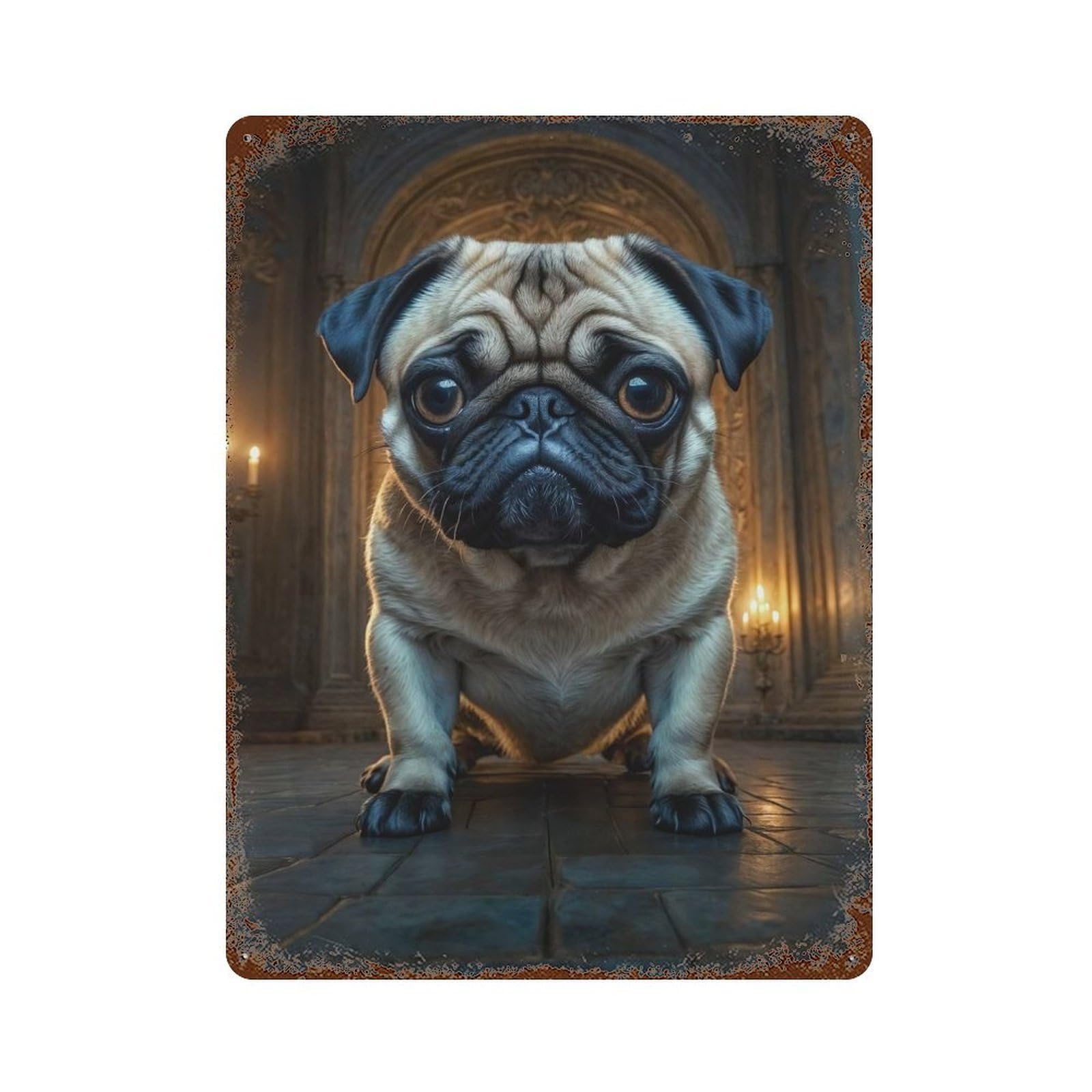 Distressed Metal Wall Sign Grumpy Pug in A Grand Hall 15.7"x11.8", Vintage Wall Decor for Garage, Bar And Workshop Decor
