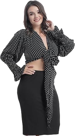 Moily Womens Summer Deep V Neck Long Sleeve Tie Front Crop Top Polka Dot Print Blouse Shirt