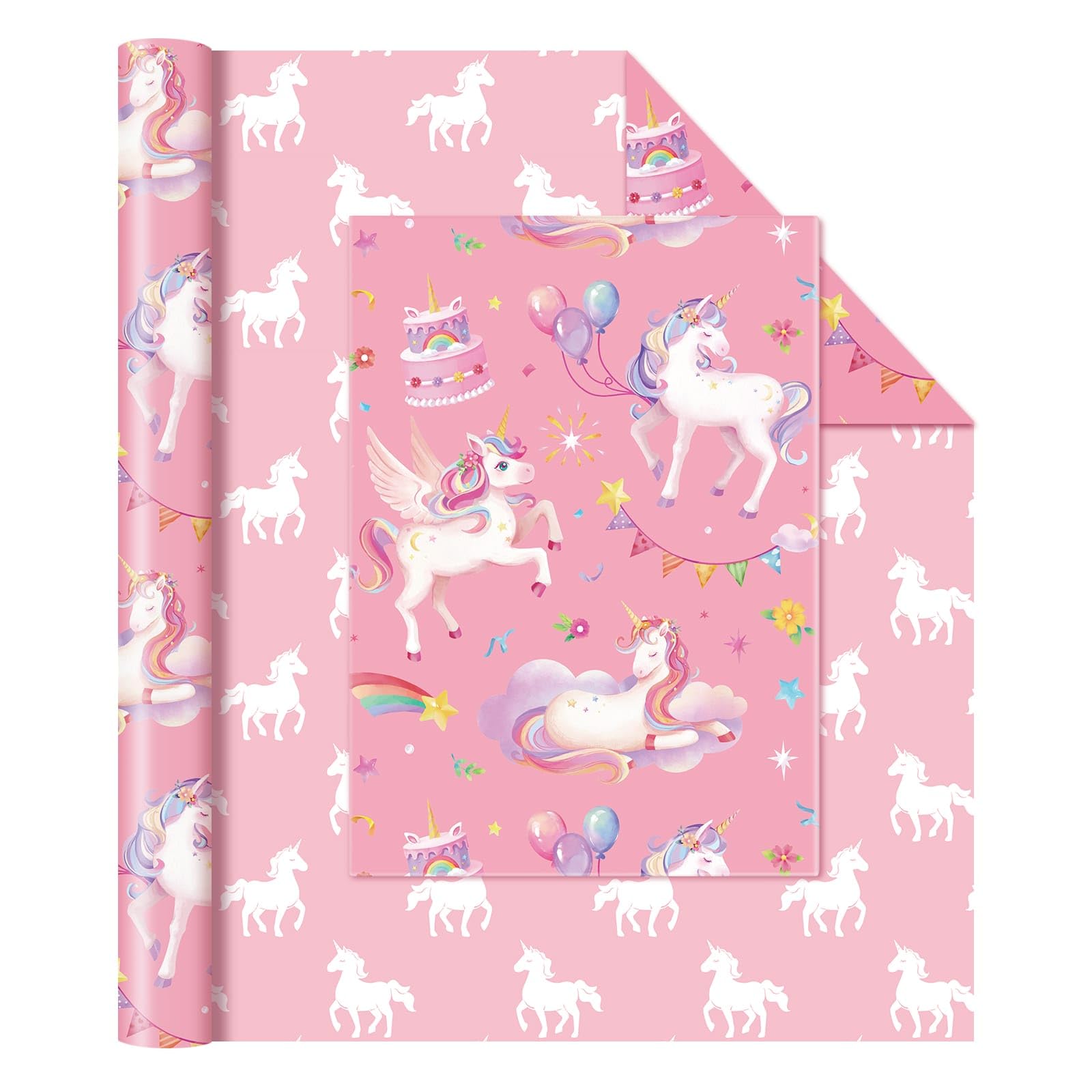 WERNNSAI Gift Wrapping Paper Roll - 1 Roll 17” x 33 ft Kids Birthday Wrapping Paper for Girls (Watercolor Unicorn) — image 1