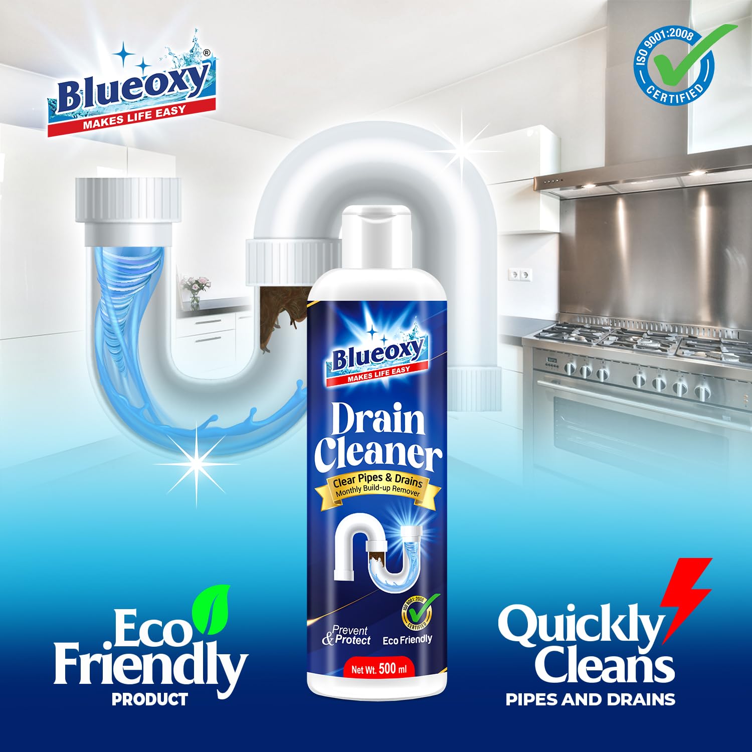 Blueoxy Drain Clog Remover Liquid | Used for Shower & Sink Drains & Pipes | Pure Gel Based | 500 Ml | Pack of 1 - Image 2 thumbnail