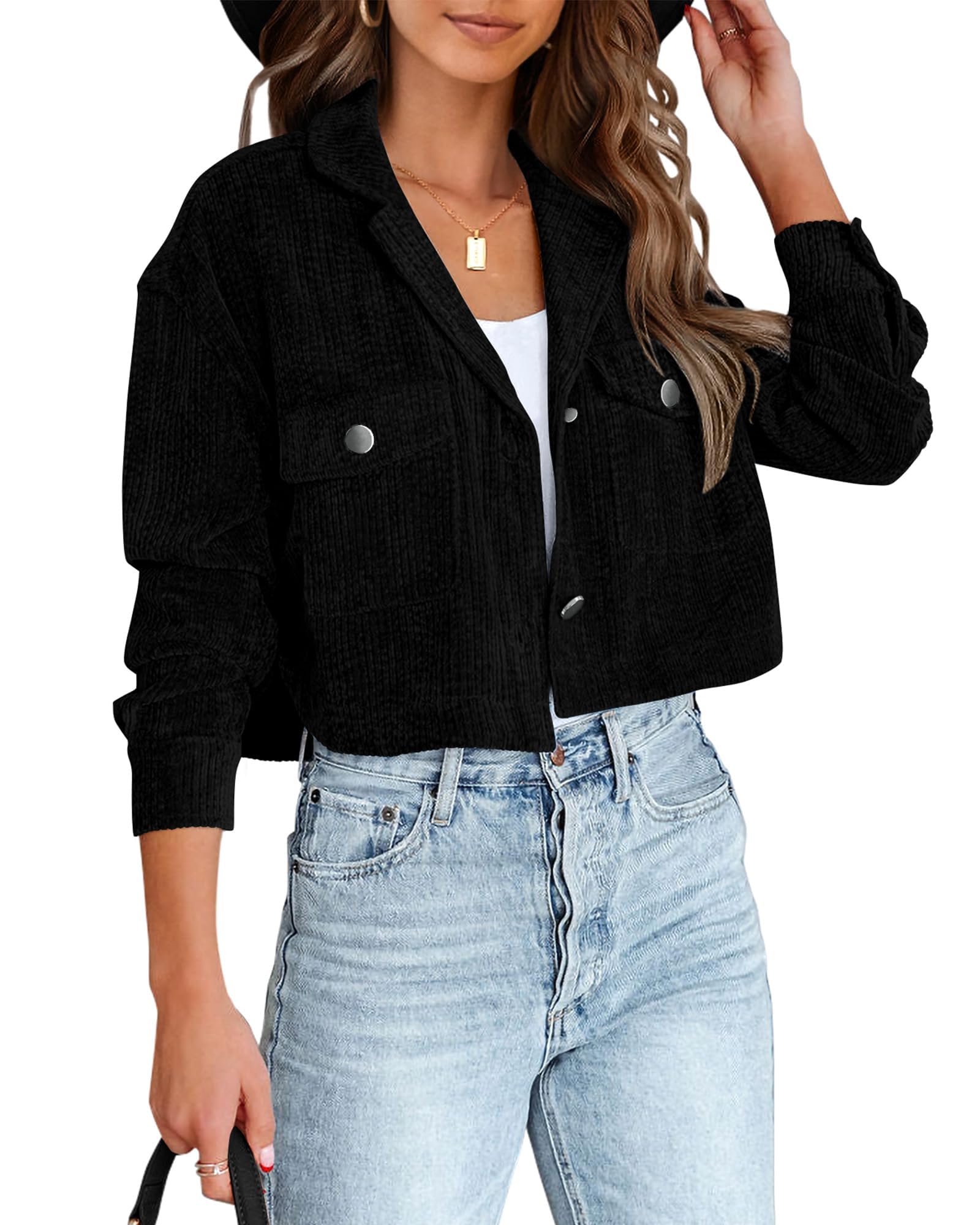 BTFBM Women's Corduroy Cropped Jacket 2023 Winter Fall Lapel Button Down Casual Short Shacket Jackets Coats with Pockets