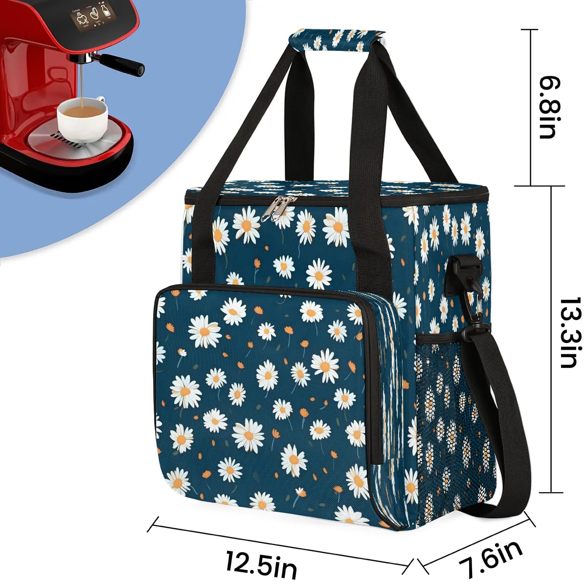 Shoblo Daisy Floral Printed Coffee Maker Travel Bag for K-Mini or K-Mini Plus Single Serve Coffee Brewer Portable Storage Tote Case for Tarvel