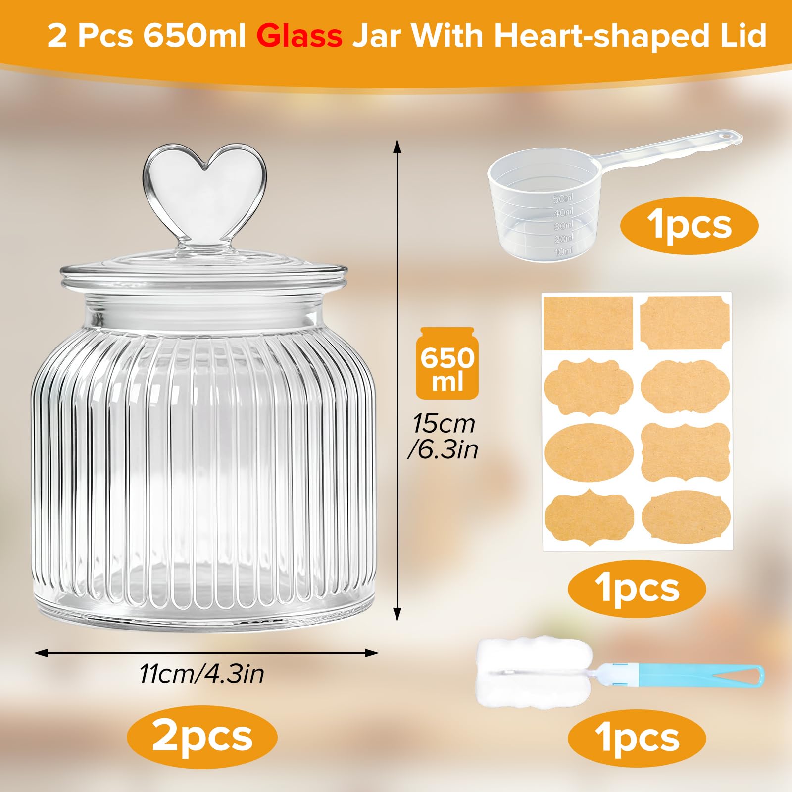 Mssushi 2stk 650ml Luftdicht Vorratsgläser, Glas Bonbonglas Herzförmiges mit Deckel, Geeignet für Candy Bar, Kekse, Süßigkeiten, Küche, inklusive Messlöffel (2, Transparentes Streifendesign)