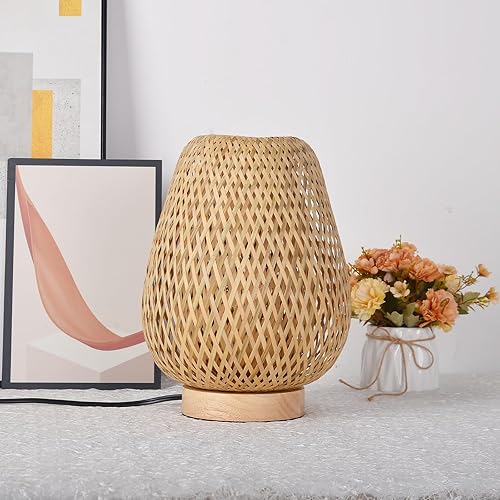 Miniatura 2 de Lámpara de mesa de bambú bohemia hecha a mano, lámpara de escritorio tejida de mimbre, luces de mesa boho para dormitorios, luz de lectura para