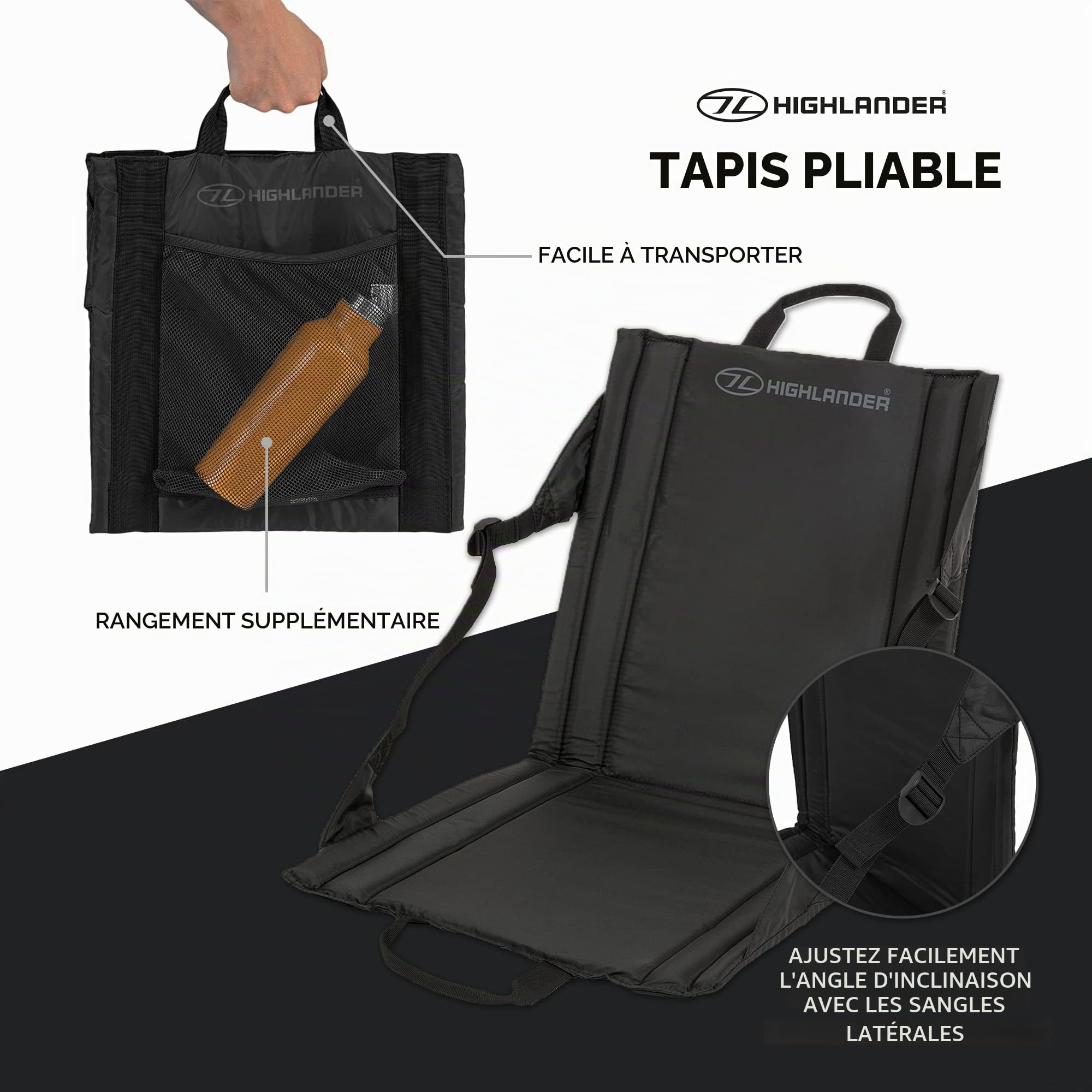 Highlander Tapis de siège Pliable pour l'extérieur - Siège de Stade léger et rembourré Portable, idéal pour Les promenades, Les Pique-niques, Le Camping, la randonnée ou Les Festivals (Noir)