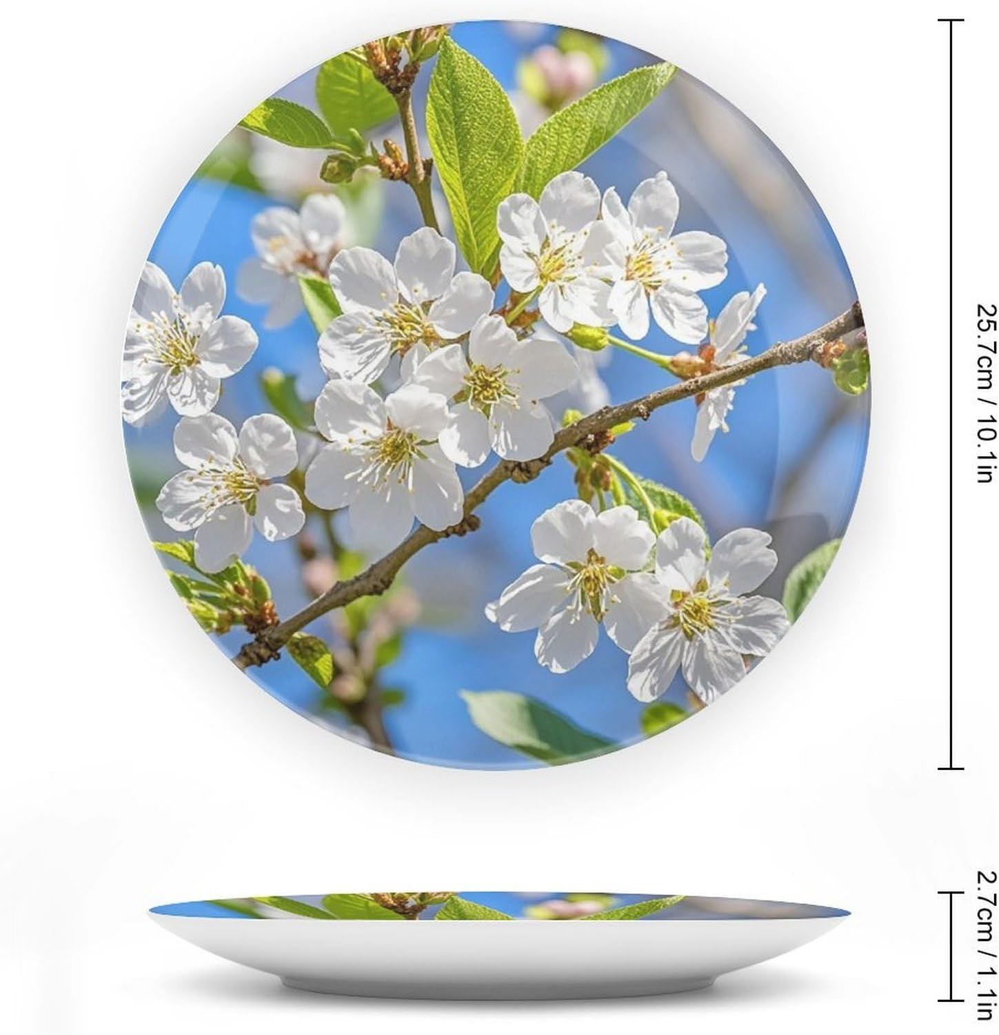 Beautiful Spring Cherry Blossoms Decorative Ceramic Plate Round Porcelain Plate Decor Personalized Bone China Decorative Plates Ceramic Ornaments Dessert Plates with Display Stand 10inch