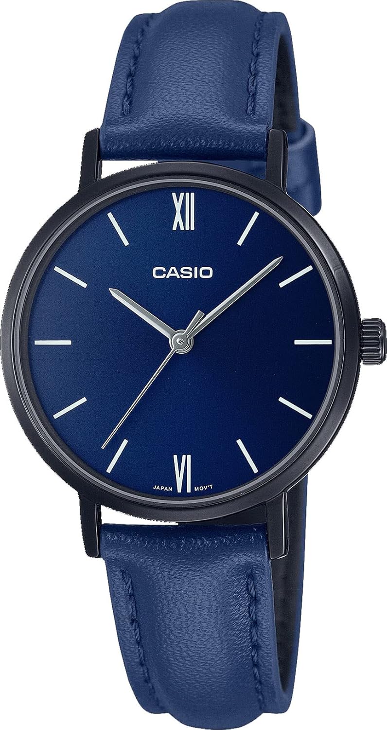 Casio LTP-VT02BL-2A Women's Minimalistic Black IP Blue Dial Leather Band 3-Hand Analog Watch