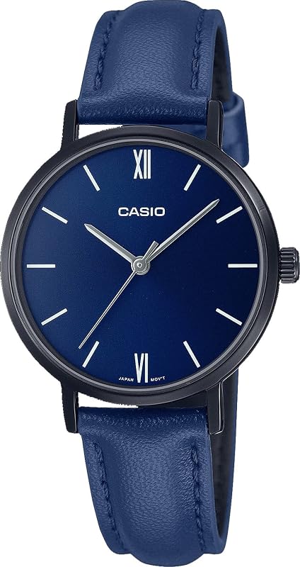 LTP-VT02BL-2A Reloj analógico de 3 manecillas con esfera azul IP y correa de cuero minimalista para mujer