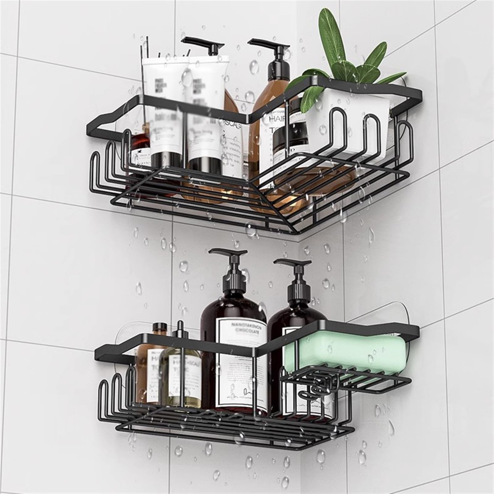 Estantes de baño Estantes de baño Organizador de ducha, Estante de ducha de alambre de acero inoxidable negro con ganchos, Estante de ducha de esquina sin perforaciones Estante organizador de baño Car