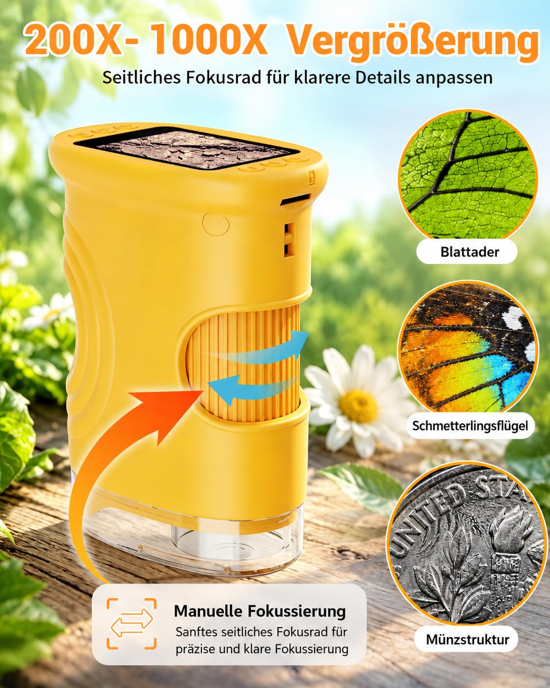 Mikroskop für Kinder, 1080P HD 2.0" Bildschirm Taschenmikroskop, Ashfly Handy Digital Microscope LED Lights -Anschluss an PC, Mini-Mikroskop draussen Geschenke für 4-12 Jährige Orange