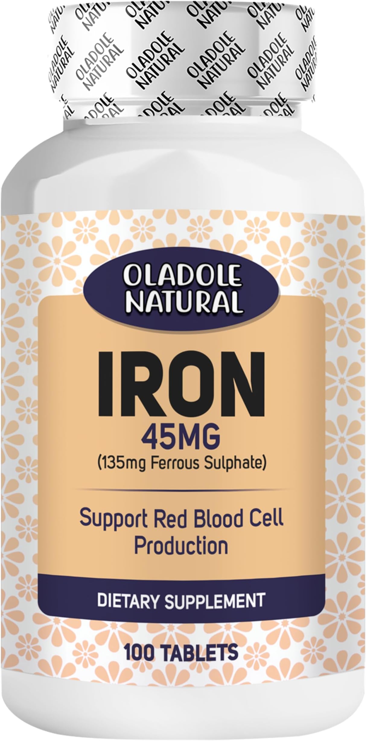 Oladole Natural Iron 45mg- 100 Tablets | Supports Energy & Anemia Prevention, Red blood Cell Production, Immune System, Boost hemoglobin | Gentle Non-Constipating Formula | Non- GMO