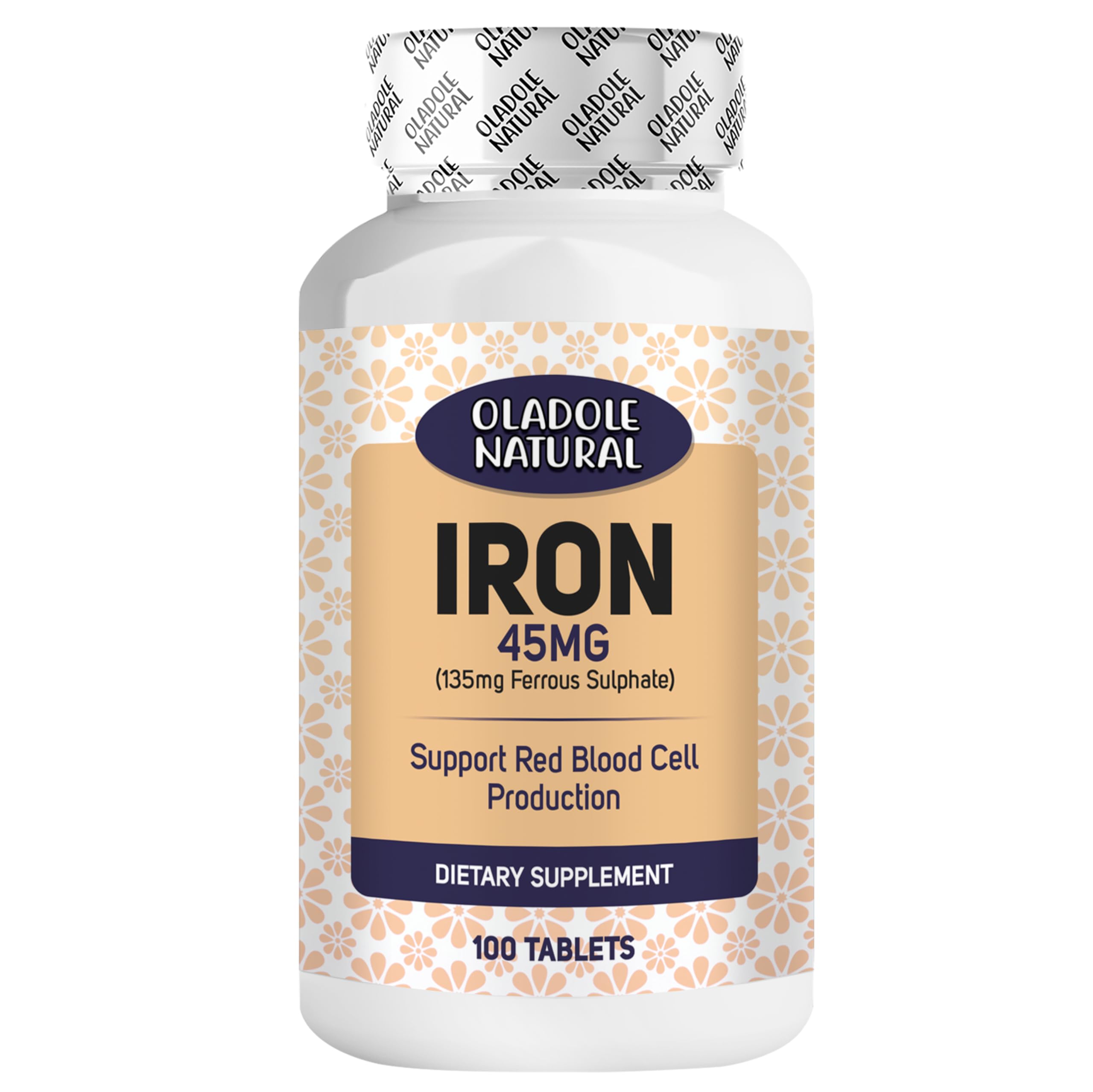 Oladole Natural Iron 45mg- 100 Tablets | Supports Energy & Anemia Prevention, Red blood Cell Production, Immune System, Boost hemoglobin | Gentle Non-Constipating Formula | Non- GMO