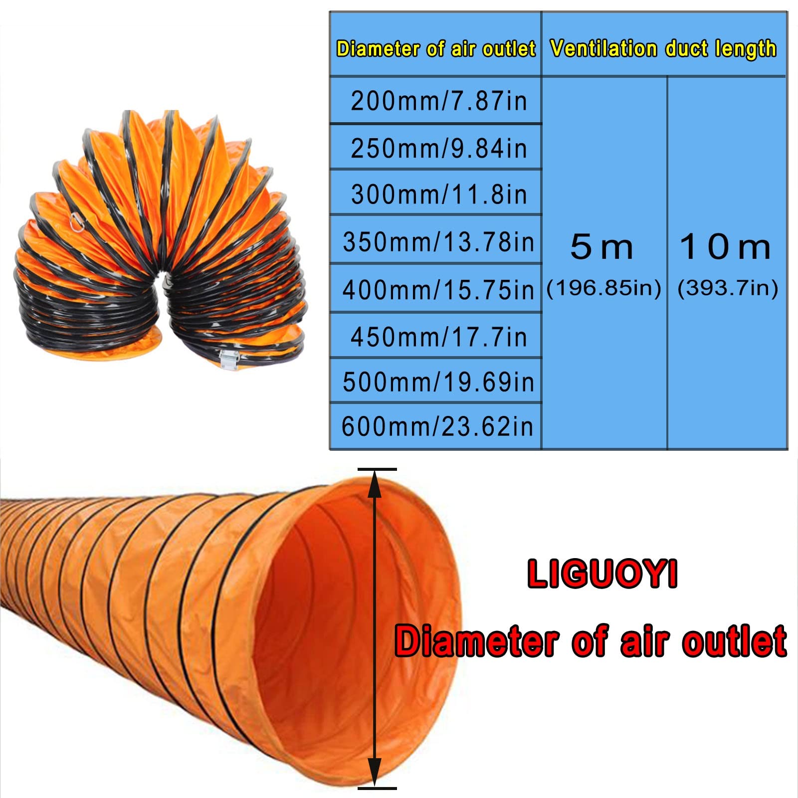 Manguera flexible de 5 m/10 m, tubo de ventilación de PVC HVAC para calefacción y refrigeración, conducto portátil con cuerda ajustable y anillos en D