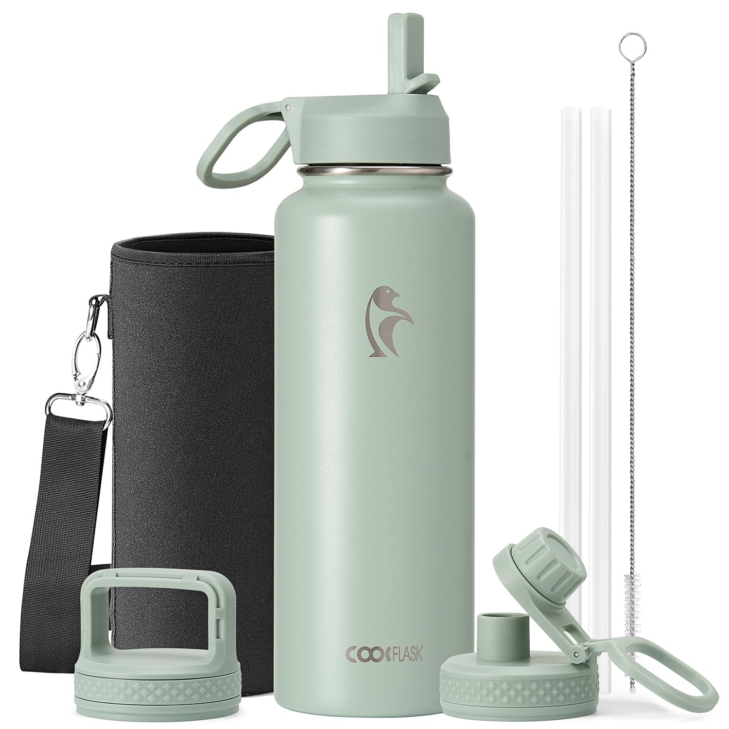 Coolflask Water Bottle 1.2L Insulated with Straw, Stainless Steel Metal 3 Lids Water Flask for Sports or Office, Keep Cold 48H Hot 24H, Grey Green