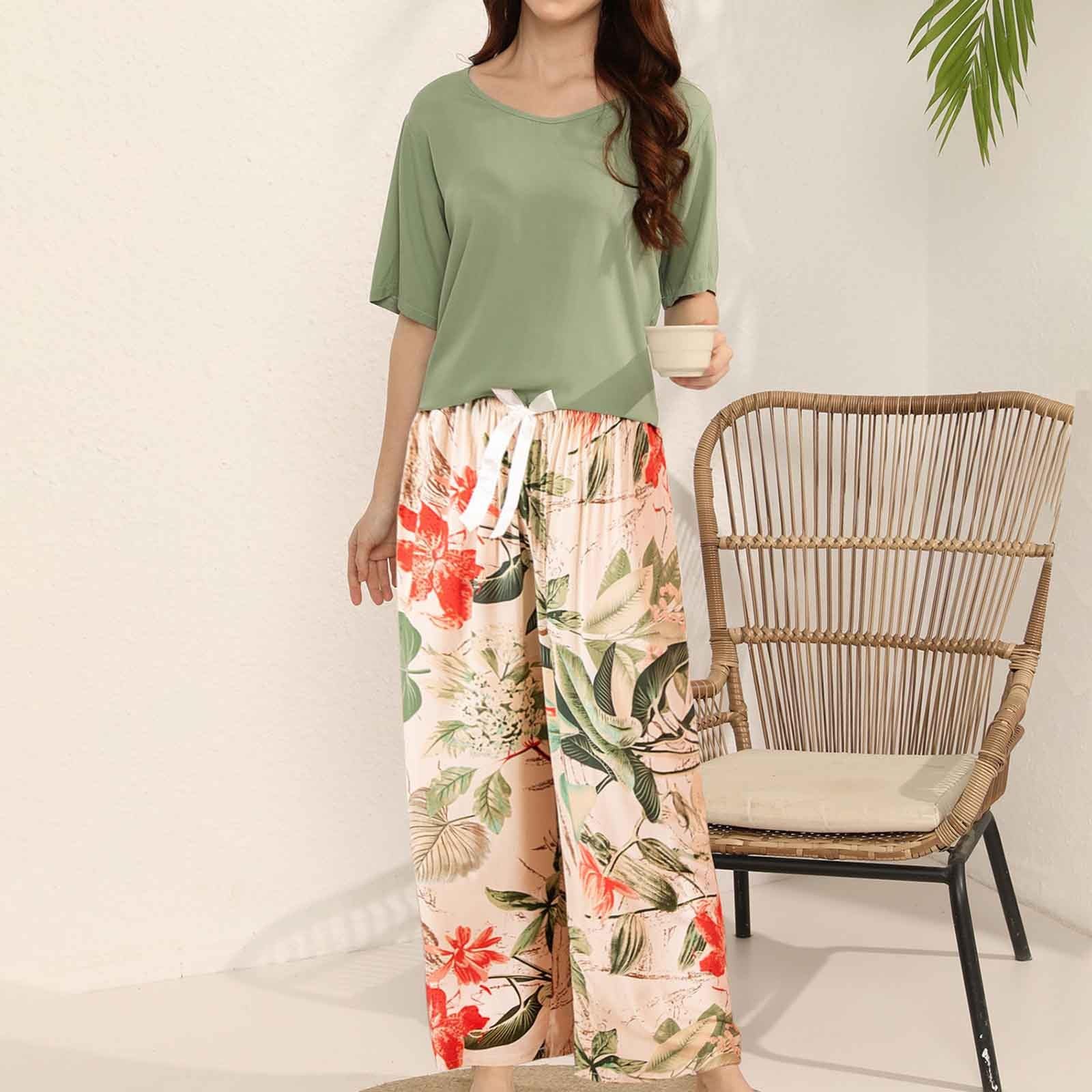Pigiama a forma di pecora, set da due pezzi, maglietta e pantaloni larghi in seta, per donna in primavera, estate, kimono da donna, in seta corta
