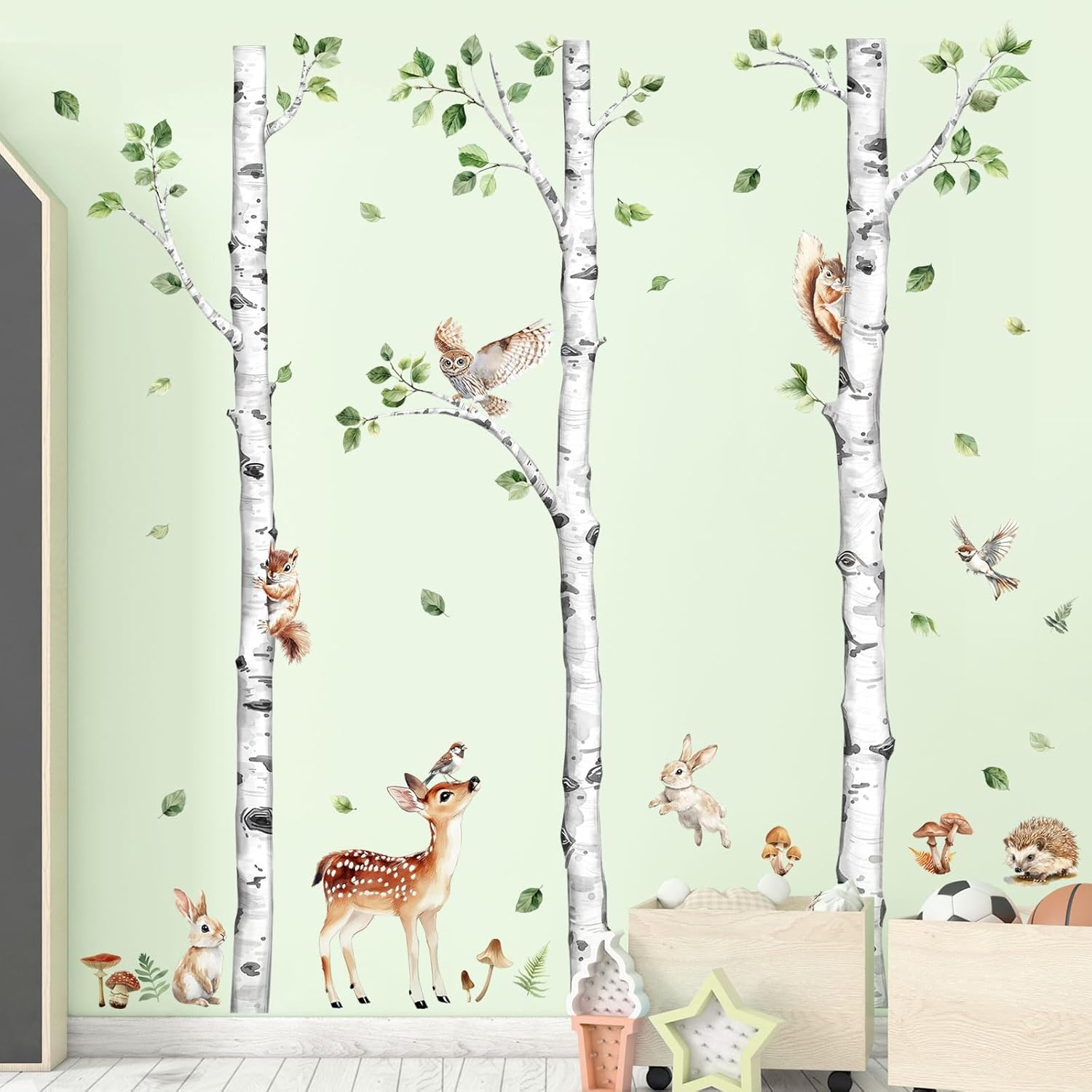 Large Birch Tree Wall Decals, Forest Animal Wall Stickers Deer Rabbit Squirrel Owl Peel and Stick Wall Decal Waterproof Wall Art Sticker for Baby Nursery Kids Room Home Decor (H: 60.2 in)