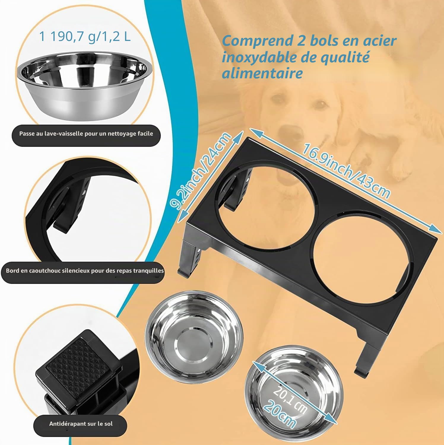 Romicta Gamelle surélevée pour Chiens de Grande Taille avec 2 gamelles en Acier Inoxydable de 1200 ML et 1 Gamelle Anti-Glouton - pour Chiens de Taille Moyenne et Grande - 5 hauteurs réglables