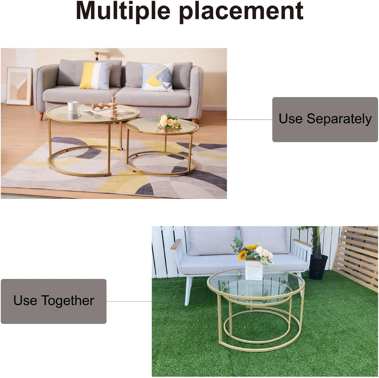 Modern Nesting Glass Coffee Table Set of 2, Round Tempered Glass Coffee Table for Living Room & Bedroom, Space-Saving Design with Adjustable Feet (Large Size + Gold Frame)