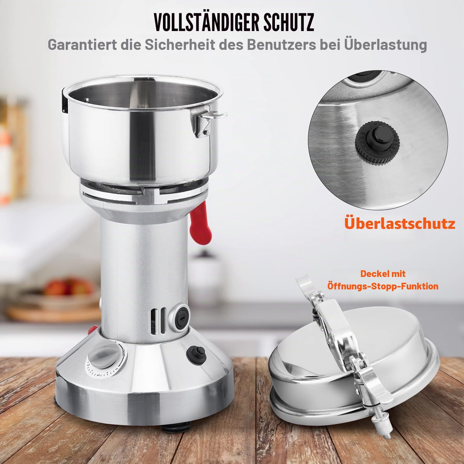 VEVOR Elektrische Getreidemühle 300 g Schleifmaschine 1900 W, Multifunktion-Küchenmühle Mehl, Pulvermaschine Timing-Trockenmühle für Kräuter/Gewürze/Nüsse/Getreide usw. inkl. Klingen & Bürsten