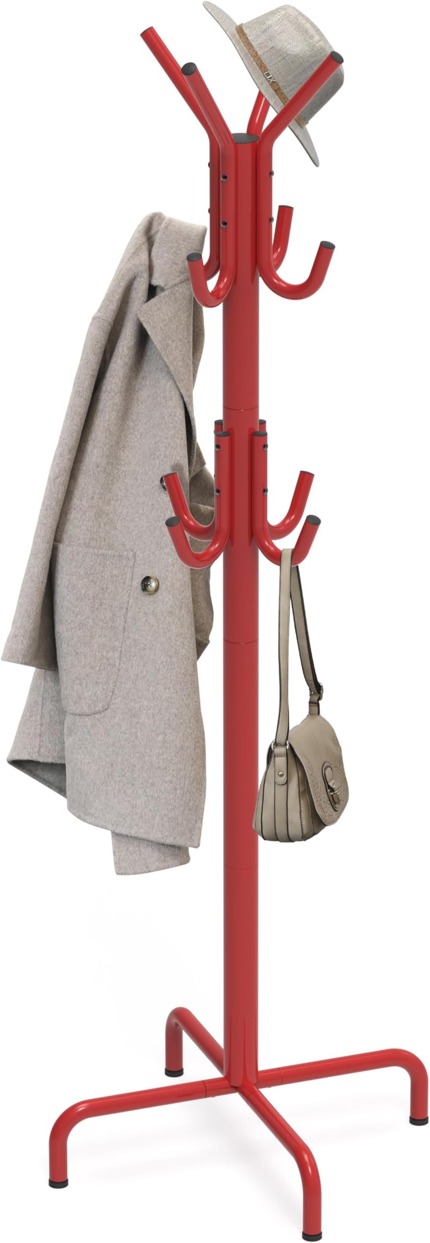 Standing Coat and Hat Hanger Organizer Rack, 12 Hooks, Red