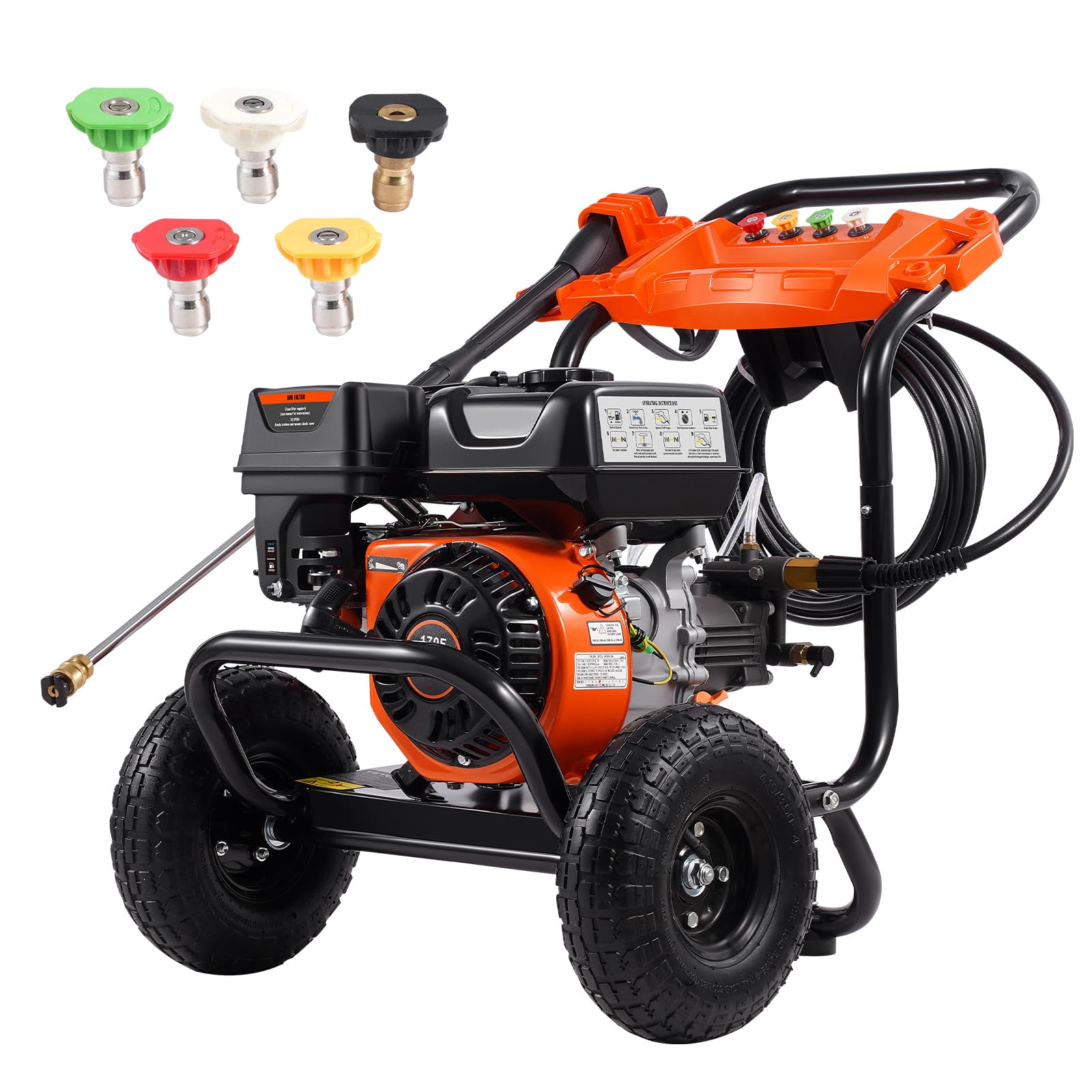 VEVOR Gas Pressure Washer, 3500 PSI 2.6 GPM, Gas Powered Pressure Washer with Aluminum Pump, Spray Gun and Extension Wand, 5 Nozzle Set, for Cars, Fences, Homes, Driveways, Patios Furniture Horizontal