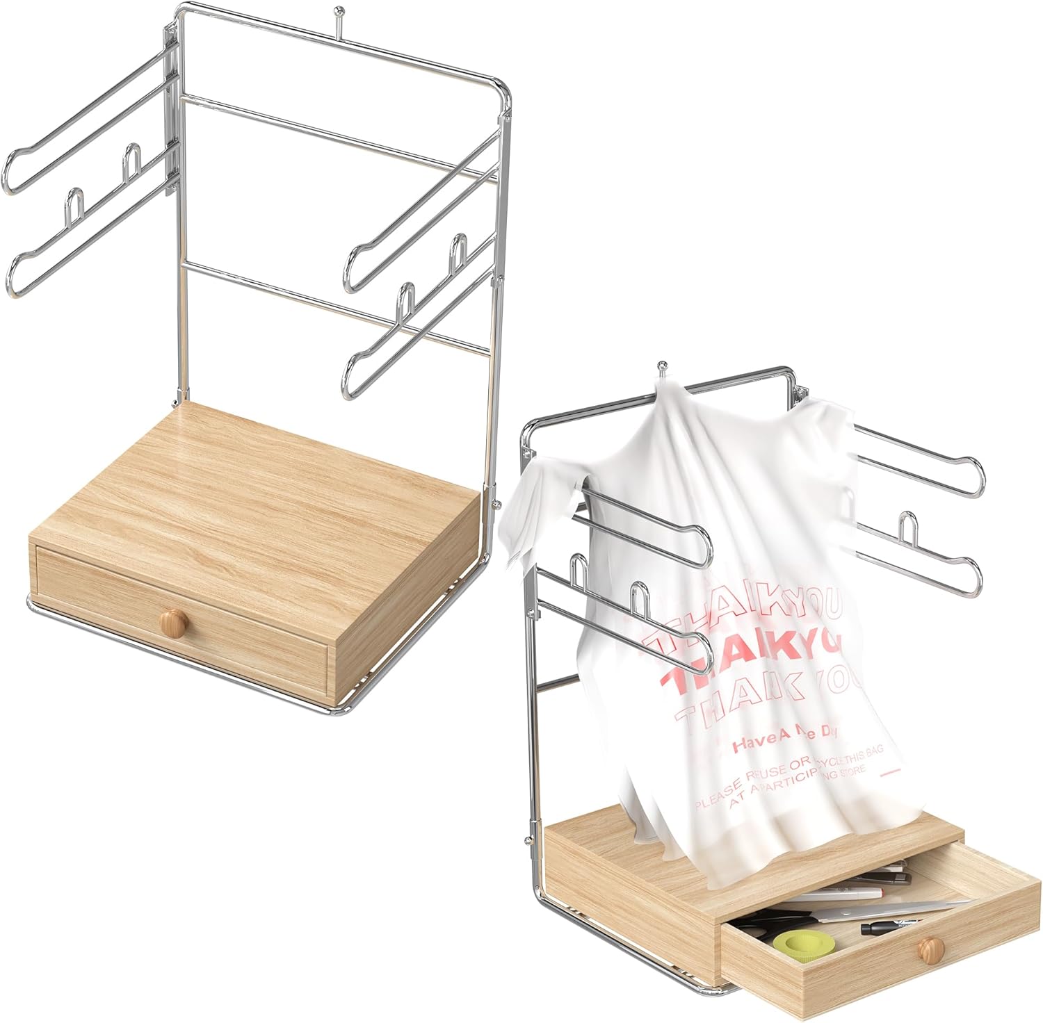 2 Pcs Plastic Grocery Bag Holder Stand, Chrome T-Shirt Bag Rack with Wooden Drawers Base, Plastic Shopping Bags Holder Storage Organizer for Grocery Store, Supermarket, Restaurant, Business