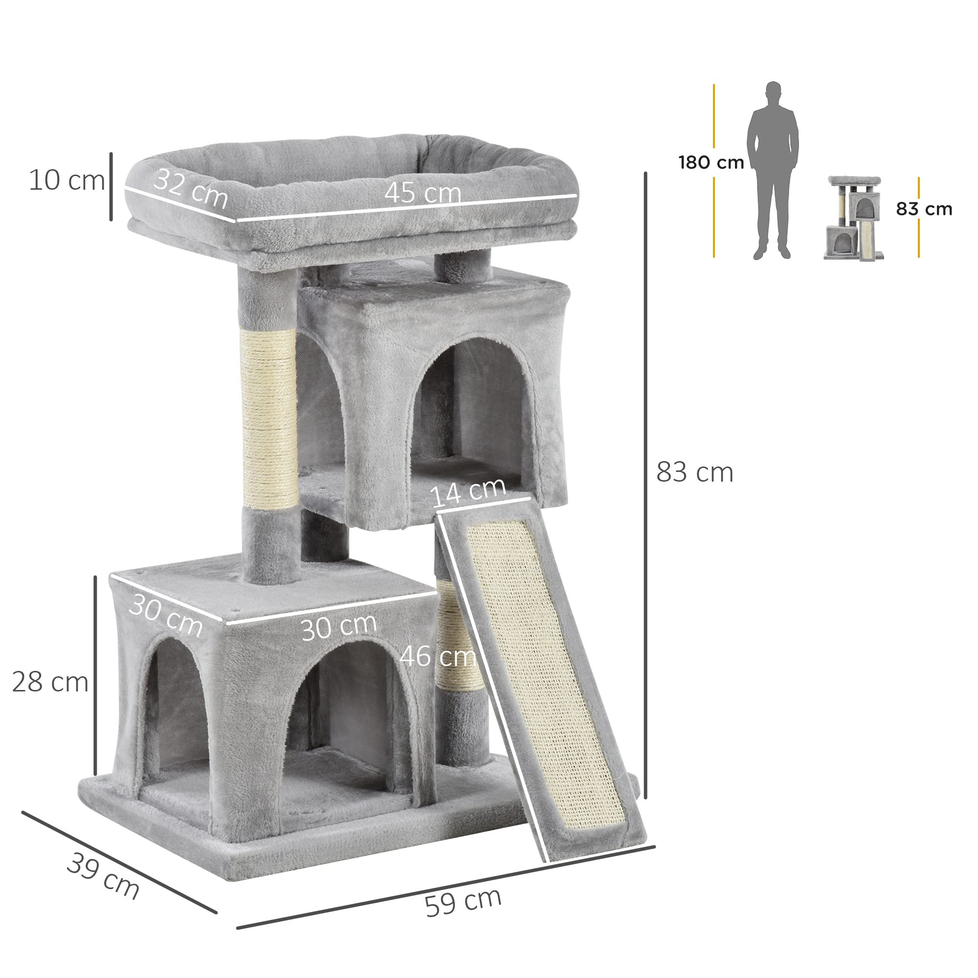 PawHut Albero Tiragraffi per Gatti Adulti e Gattini con Pali in Sisal, Lettino e 2 Casette con Rivestimento in Peluche, 59x39x81cm, Grigio Chiaro