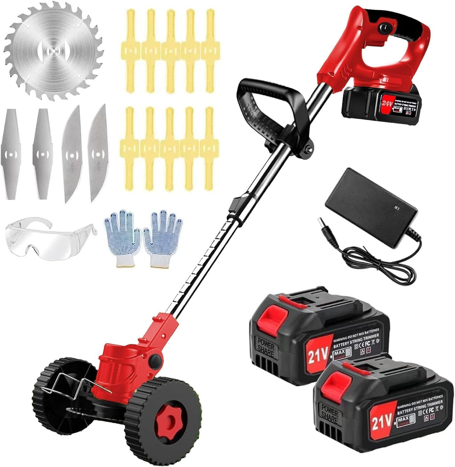 Garden Strimmer 21V Cordless Strimmer with 2pcs Batterie&3 types of blades Lightweight Battery Strimmer 3 in 1Grass Trimmer/Edger/brush cutte, Electric Strimmer for Lawn Garden Pruning