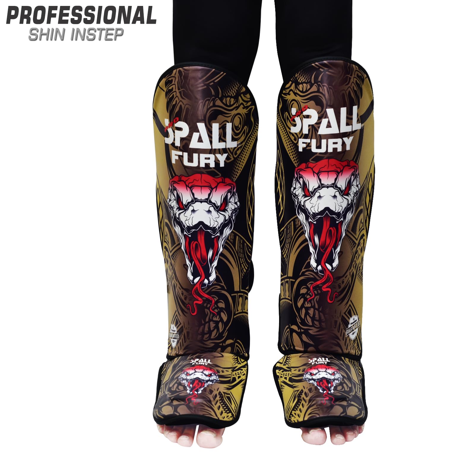 Muay Thai Shin Guards for Kickboxing Martial Arts BJJ Boxing Equipment MMA Training and Sparring Leg Guard with Instep Protection Pads (Fury-Golden, Small/Medium)