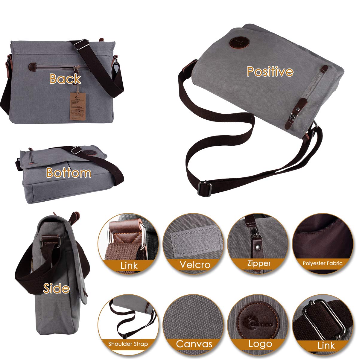 CHEREEKI Borsa Tracolla, Borsa a Spalla in Tela da Uomo con Più Tasche per Lavoro, Scuola, Uso Itinerante e Quotidiano (Per Laptop da 13.3 Pollici)