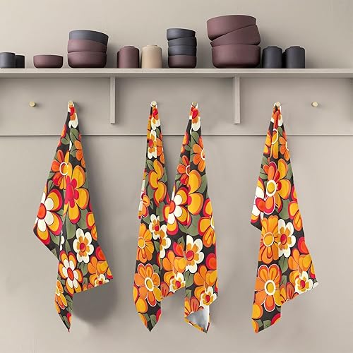 Miniatura 5 de GAIREG Orange Retro Hippie Flowers Dish Rag Set, 28x18 Inch Absorbent Winter Towels Kitchen, Set of 6