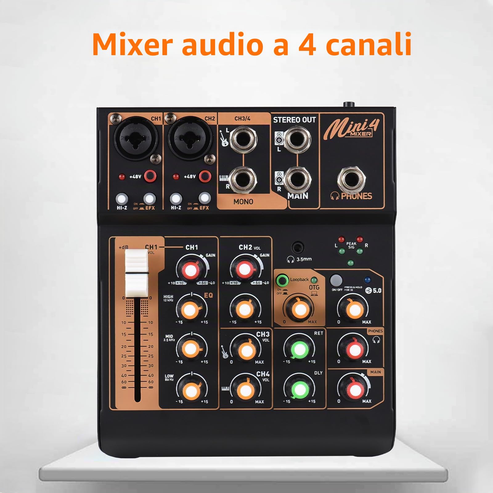 Mixer Audio Console Mixer DJ Portatile a 4 canali Mini Scheda di missaggio Audio con USB BT 48V Alimentazione Phantom EQ a 3 Bande Pulsante Loopback Console Audio per spettacoli dal Vivo Feste